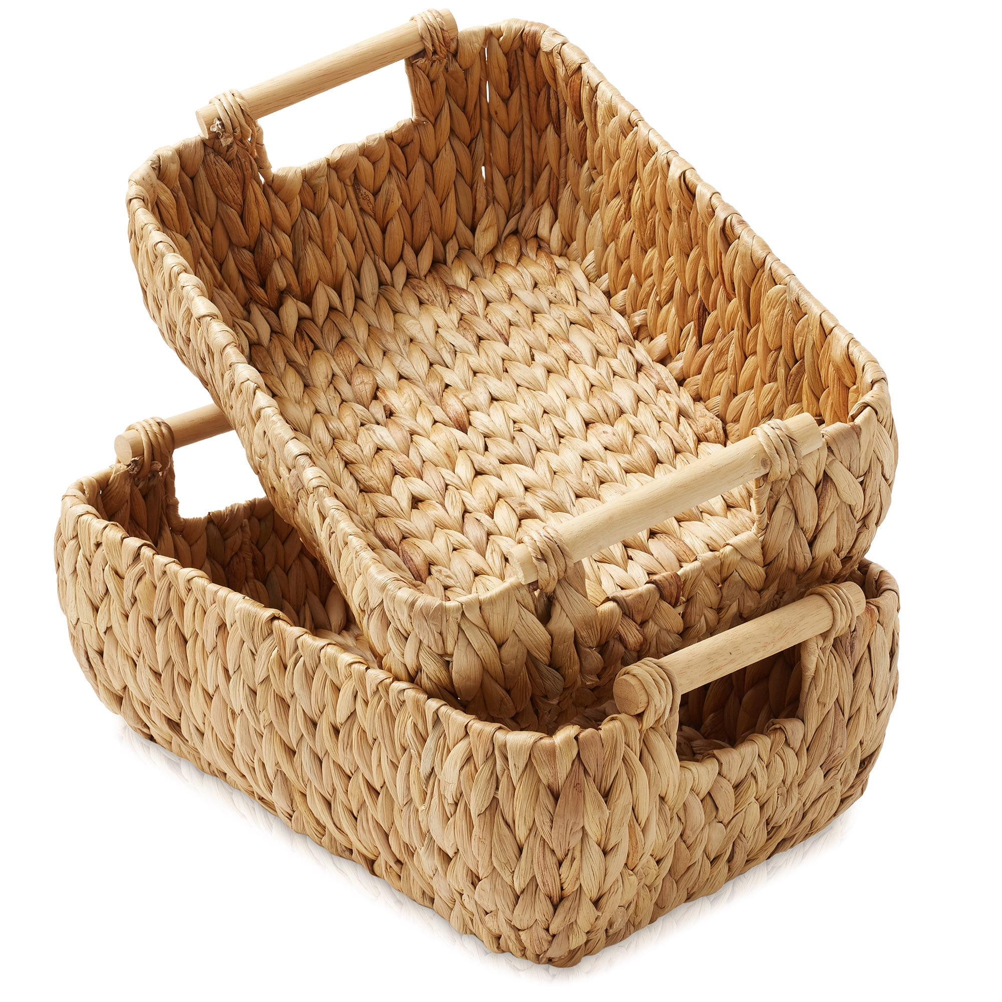 Casafield (Set of 2) Water Hyacinth Oval Storage Baskets with Wooden Handles - Medium Woven Bin ...