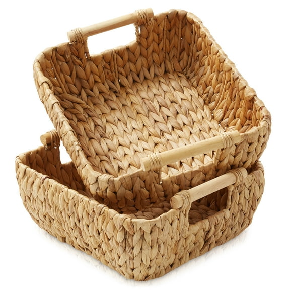 Casafield (Set of 2) Water Hyacinth Oval Storage Baskets with Wooden Handles - Small Woven Bin Organizers
