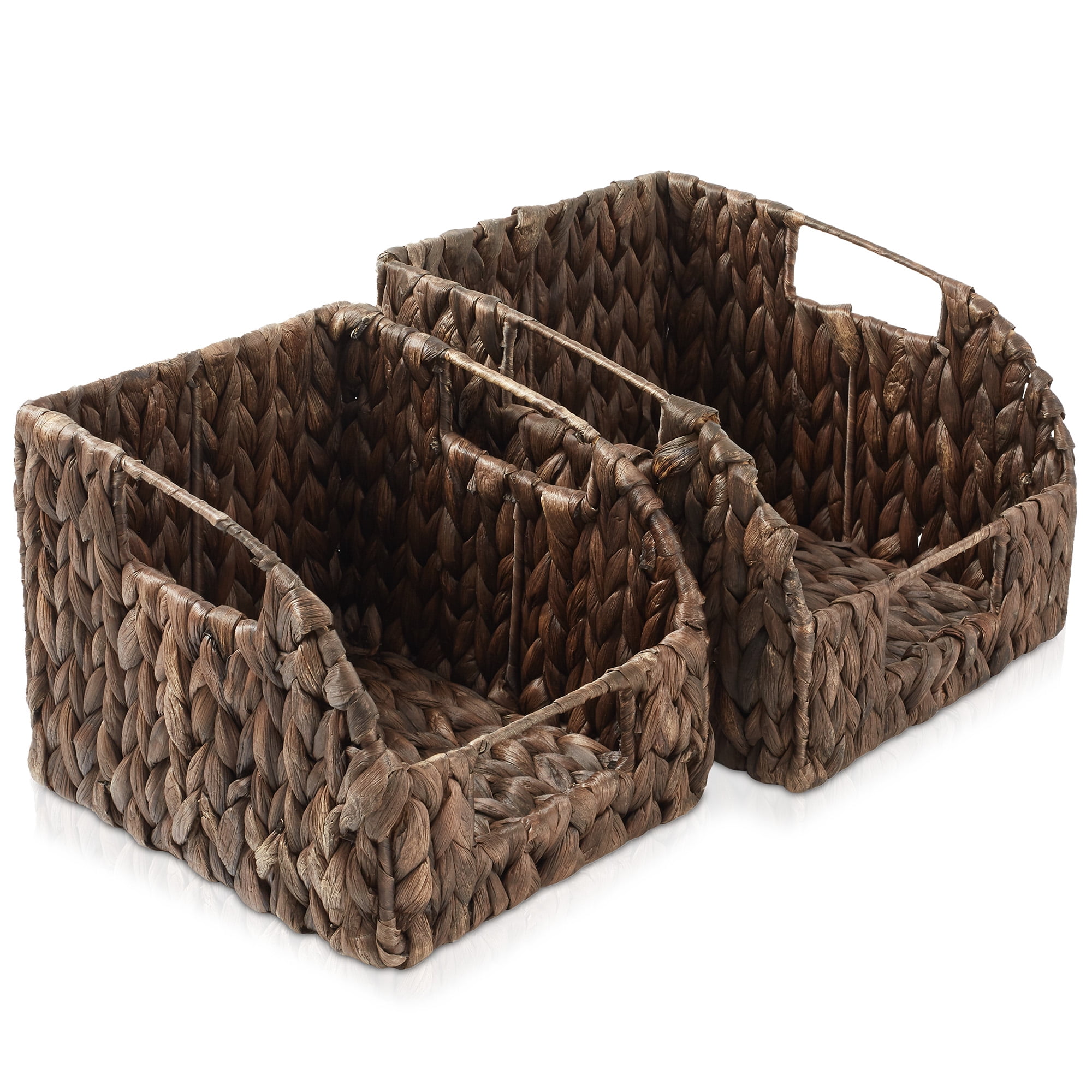Espresso Water Hyacinth Rectangular Storage Baskets with Handles, Set of 2