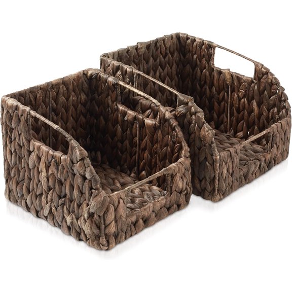 Casafield Set of 2 Water Hyacinth Pantry Baskets with Handles - Espresso, Woven Storage Bin Organizers for Kitchen Shelves, Medium and Large Sizes