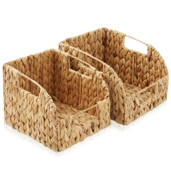 Casafield (Set of 2) Water Hyacinth Pantry Baskets with Handles - Natural, Medium and Large Size Woven Storage Baskets for Kitchen Shelves
