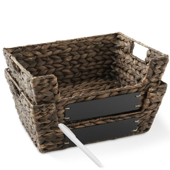Casafield (Set of 2) Water Hyacinth Pantry Baskets with Handles and Chalkboard Labels - Espresso, Wide Woven Storage Baskets for Kitchen Shelves