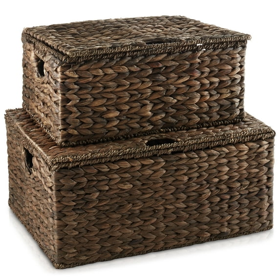 Casafield Set of 2 Water Hyacinth Storage Baskets (Medium/Large), Multipurpose Organizer Rectangular Totes with Removable Lids