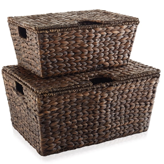 Casafield Set of 2 Water Hyacinth Storage Baskets (Medium/Large), Multipurpose Organizer Totes with Tapered Bottoms and Removable Lids