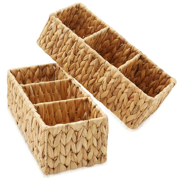 Casafield Set of 2 Water Hyacinth Storage Baskets with 3 Sections, Natural - Woven Bin Organizers for Bathroom, Laundry, Pantry, Office, Shelves