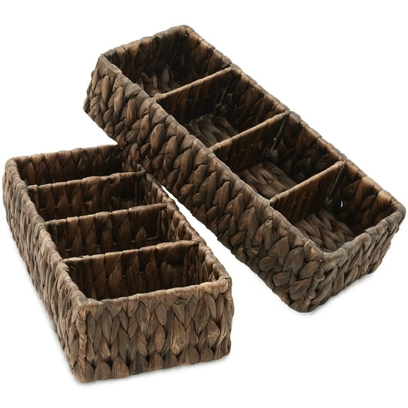 Casafield Set of 2 Water Hyacinth Storage Baskets with 4 Sections, Espresso - Woven Bin Organizers for Bathroom, Laundry, Pantry, Office, Shelves