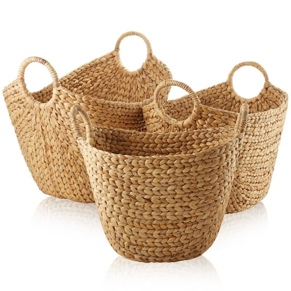 Casafield Set of 3 Boat Baskets with Handles - Natural, Woven Water Hyacinth Storage Organizers for Blankets, Laundry, Bathroom, Bedroom, Living Room