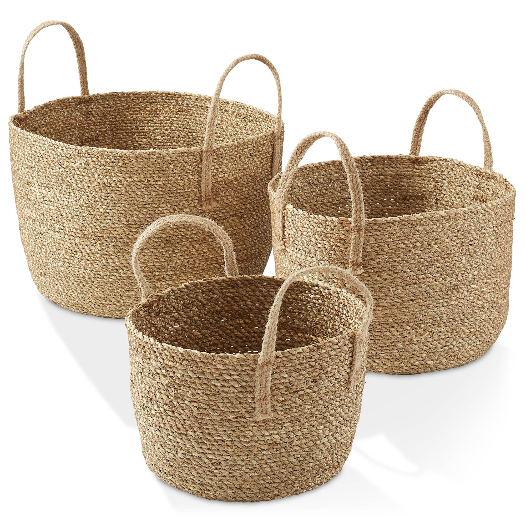 Set of 3 Natural Seagrass Round Storage Baskets with Jute Handles