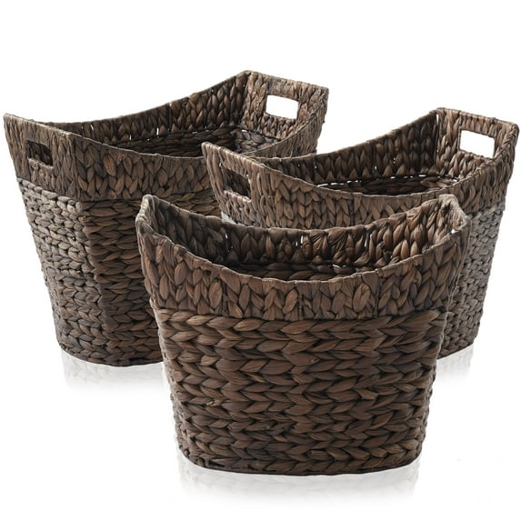 Casafield Set of 3 Oval Baskets with Handles - Espresso, Water Hyacinth Woven Storage Totes for Blankets, Laundry, Bathroom, Bedroom, Living Room