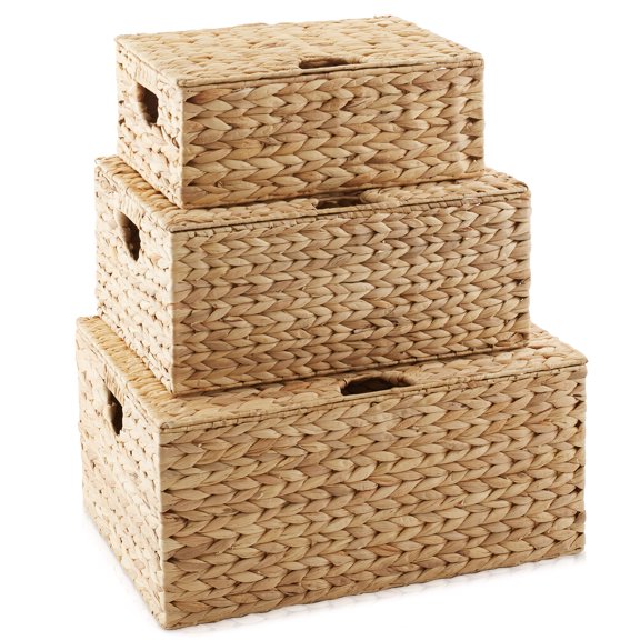 Casafield Set of 3 Water Hyacinth Storage Baskets (Small/Medium/Large), Multipurpose Organizer Rectangular Totes with Removable Lids