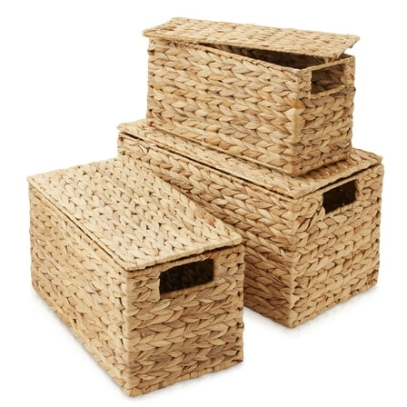 Casafield Set of 3 Water Hyacinth Storage Baskets with Lids, Natural - Small, Medium, Large - Decorative Bins for Bathroom, Closets, Laundry, Shelves