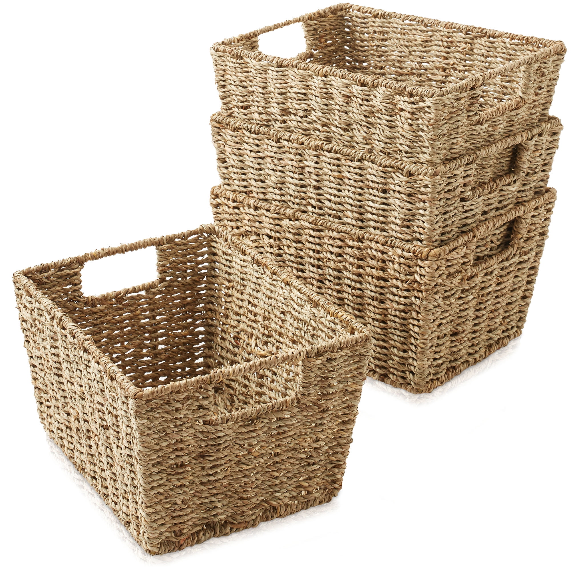 Casafield Set of 4 Seagrass Storage Baskets with Handles - Natural, 12" x 9" x 6" Rectangular Storage Shelf Bins, Blankets, Laundry