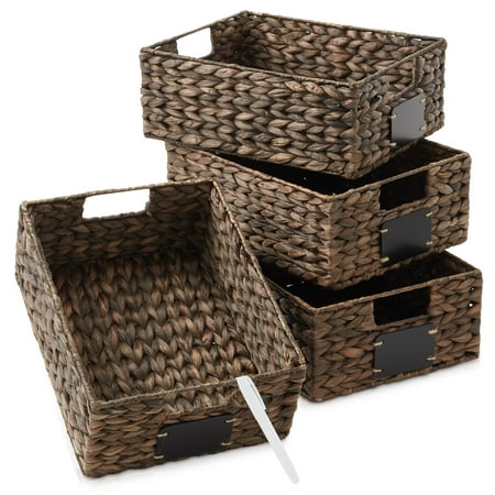 Casafield (Set of 4) Water Hyacinth 10"x13"x5" Pantry Baskets w/ Chalkboard Labels and Marker - Espresso, Woven Storage Bins for Kitchen Shelves