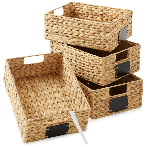 Casafield (Set of 4) Water Hyacinth 10"x13"x5" Pantry Baskets w/ Chalkboard Labels and Marker - Natural, Woven Storage Bins for Kitchen Shelves