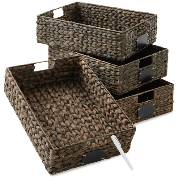 Casafield (Set of 4) Water Hyacinth 12-1/2"x17"x5" Pantry Baskets w/ Chalkboard Labels and Marker - Espresso, Woven Storage Bins for Kitchen Shelves
