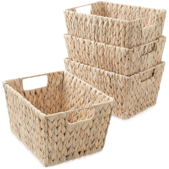 Casafield Set of 4 Water Hyacinth Storage Baskets with Handles - Whitewash White, 12" x 9" x 6" Rectangular Storage Shelf Bins, Blankets, Laundry