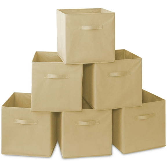 Casafield Set of 6 Fabric Storage Cube Bins, Beige - 13" Collapsible Foldable Cloth Baskets for Shelves and Cubby Organizers