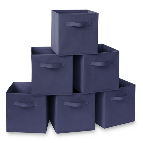 Casafield Set of 6 Fabric Storage Cube Bins, Navy Blue - 11" Collapsible Foldable Cloth Baskets for Shelves and Cubby Organizers
