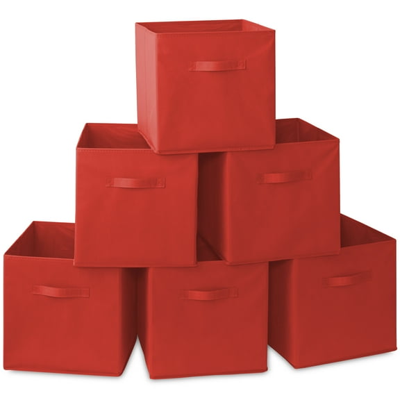 Casafield Set of 6 Fabric Storage Cube Bins, Red - 13" Collapsible Foldable Cloth Baskets for Shelves and Cubby Organizers