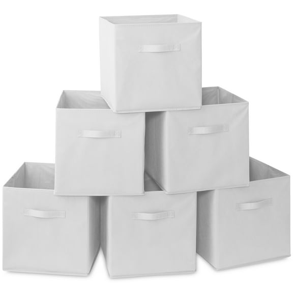 Casafield Set of 6 Fabric Storage Cube Bins, White - 13" Collapsible Foldable Cloth Baskets for Shelves and Cubby Organizers
