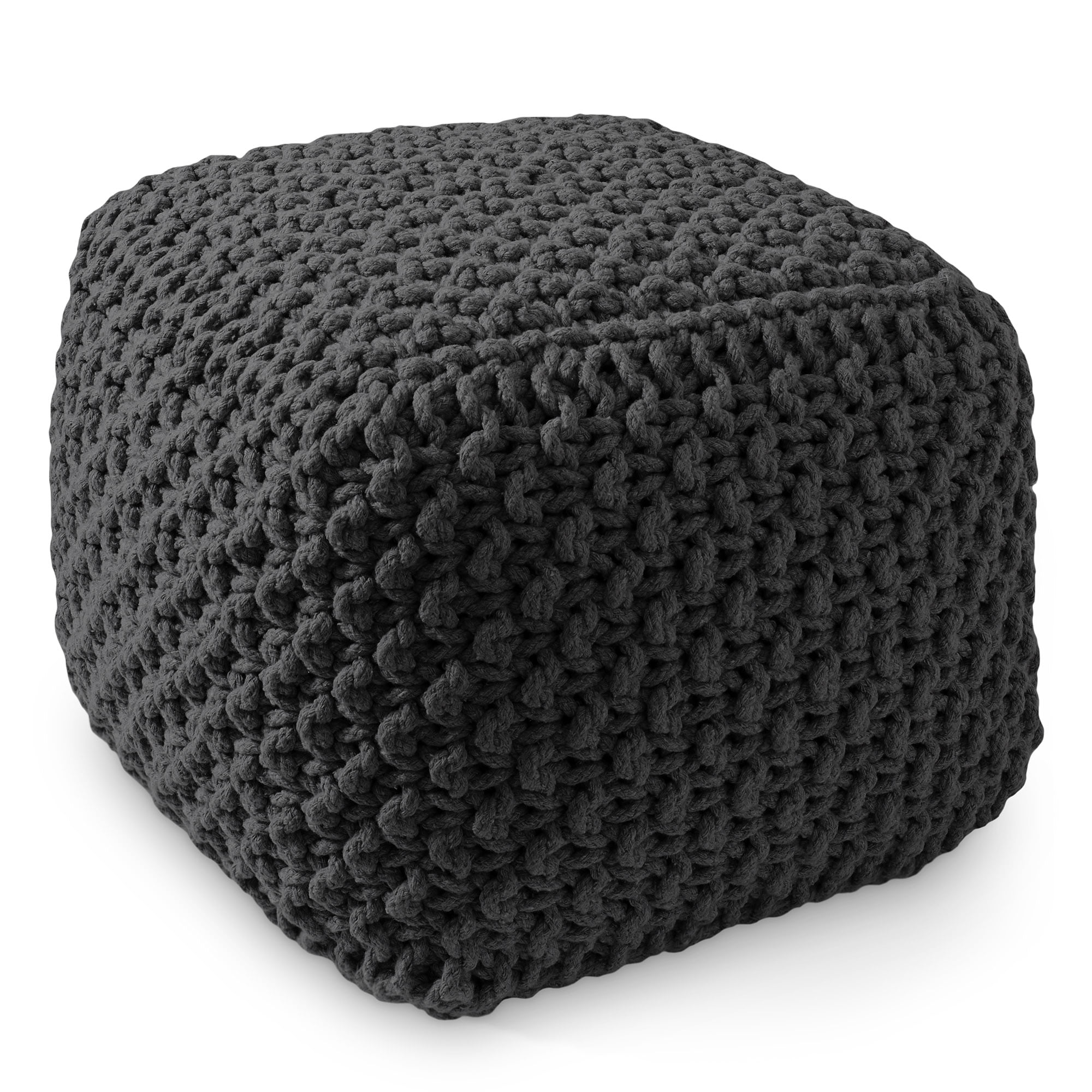 Black Hand-Knitted Cotton Square Pouf Ottoman