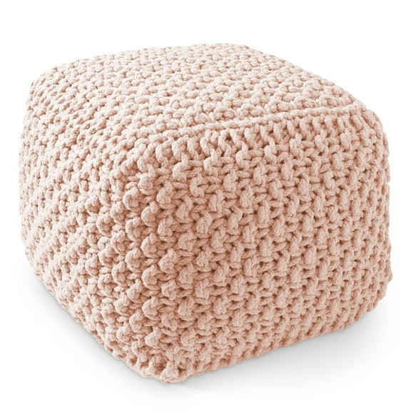 Casafield Square Pouf Ottoman, Light Pink - 18.5" W x 18.5" D x 14.5" H Cotton Knit Foot Stool - Boho Floor Pouffe for Living Room