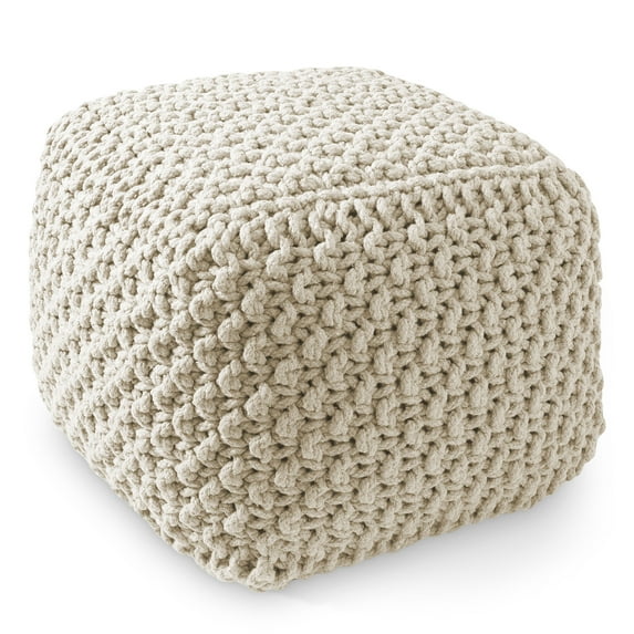 Casafield Square Pouf Ottoman, Natural - 18.5" W x 18.5" D x 14.5" H Cotton Knit Foot Stool - Boho Floor Pouffe for Living Room