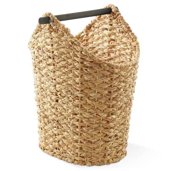 Casafield Toilet Paper Roll Holder Storage Basket with Wood Bar - Natural, Woven Water Hyacinth Wicker Bathroom Tissue Storage Organizer