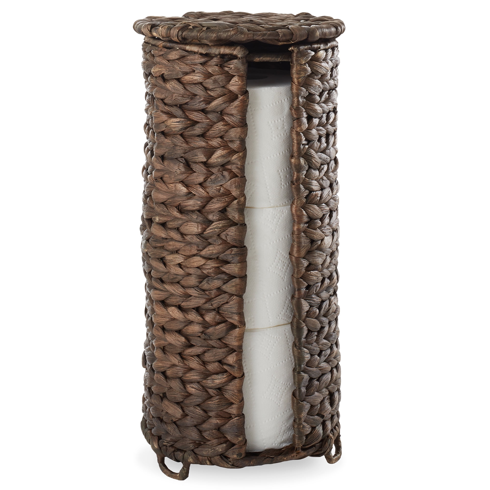 Casafield Toilet Paper Roll Holder with Lid - Espresso Dark Brown, Fits 3 Rolls, Free Standing Hyacinth Bath Tissue Storage Organizer for Bathroom