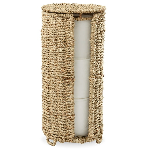 Casafield Toilet Paper Roll Holder with Lid - Natural, Fits 3 Rolls, Free Standing Seagrass Bath Tissue Storage Organizer for Bathroom