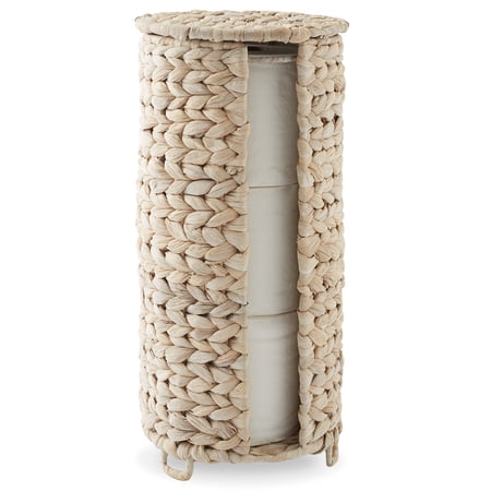 Casafield Toilet Paper Roll Holder with Lid - Whitewash, Fits 3 Rolls, Free Standing Water Hyacinth Bath Tissue Storage Organizer for Bathroom