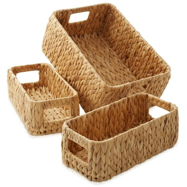 Casafield Water Hyacinth Storage Basket Set for Shelves - 1-Large, 2-Medium - Woven Storage Bin Organizers with Handles
