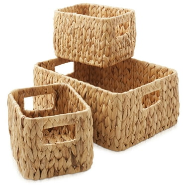 Casafield Water Hyacinth Storage Basket Set for Shelves - 1-Large, 2-Small - Woven Storage Bin Organizers with Handles