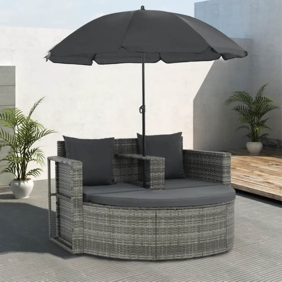 Casafoyer 2 Seater Garden Sofa with Cushions and Parasol Gray Poly Rattan