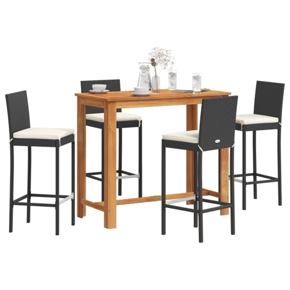 Casafoyer 5 Piece Patio Bar Set Black Solid Wood Acacia and Poly Rattan