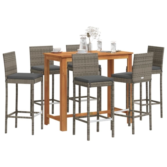 Casafoyer 7 Piece Patio Bar Set Gray Solid Wood Acacia and Poly Rattan