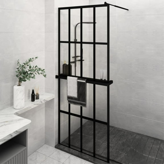 Casafoyer Walk-in Shower Wall with Shelf Black 31.5"x76.8" ESG Glass&Aluminum