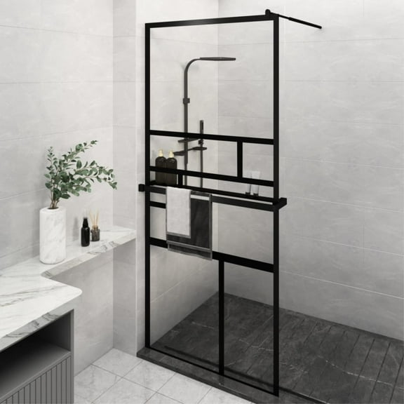 Casafoyer Walk-in Shower Wall with Shelf Black 39.4"x76.8" ESG Glass&Aluminum