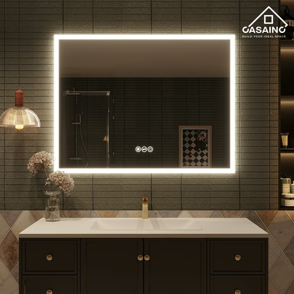 Casainc 48×36'' LED Bathroom Mirror IP44 Waterproof Lighted Makeup Mirror Wall Mounted Anti-Fog Dimmable Mirrors Silvery