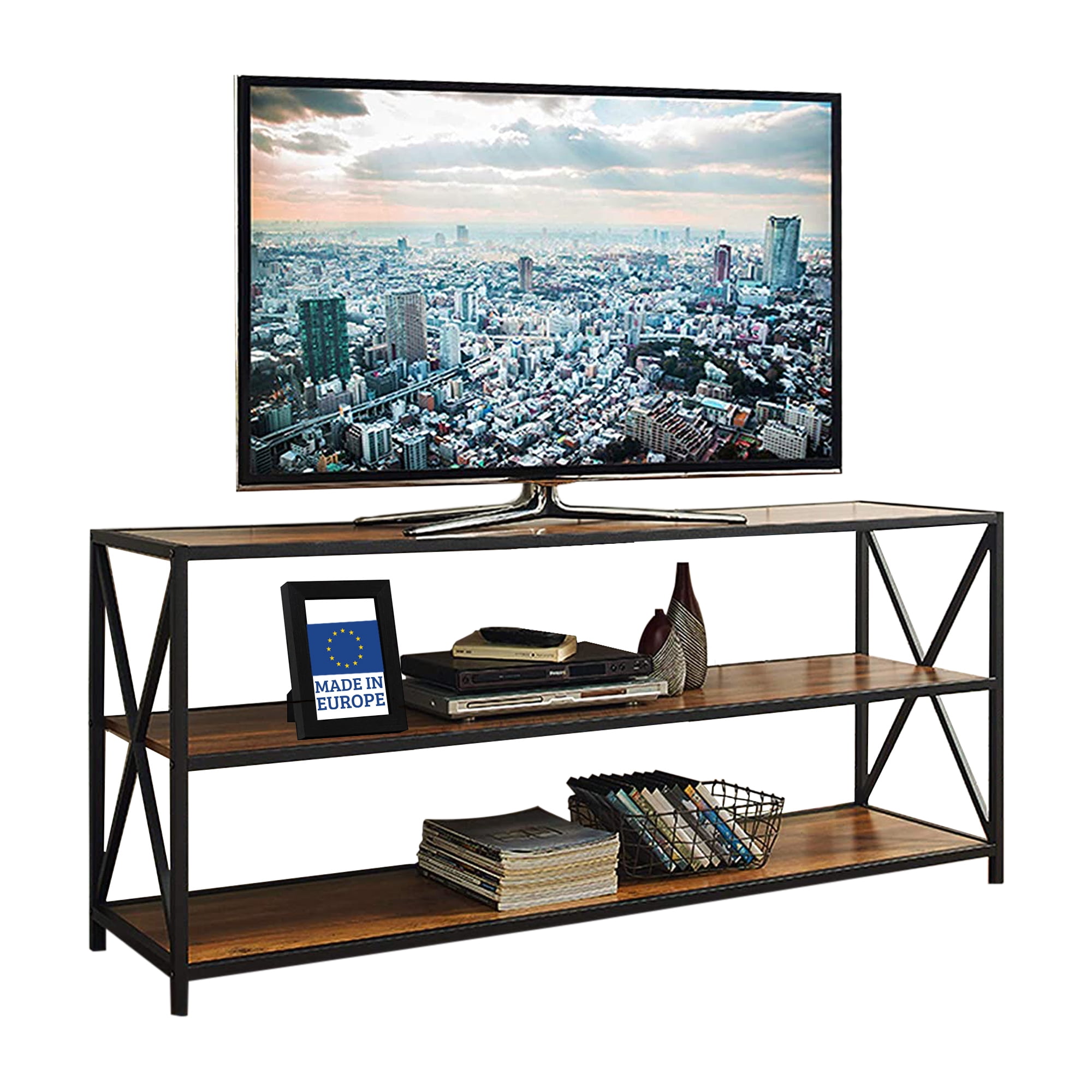 Casamudo TV Console Table for 65 Inch TV, Rustic Industrial Bookshelf