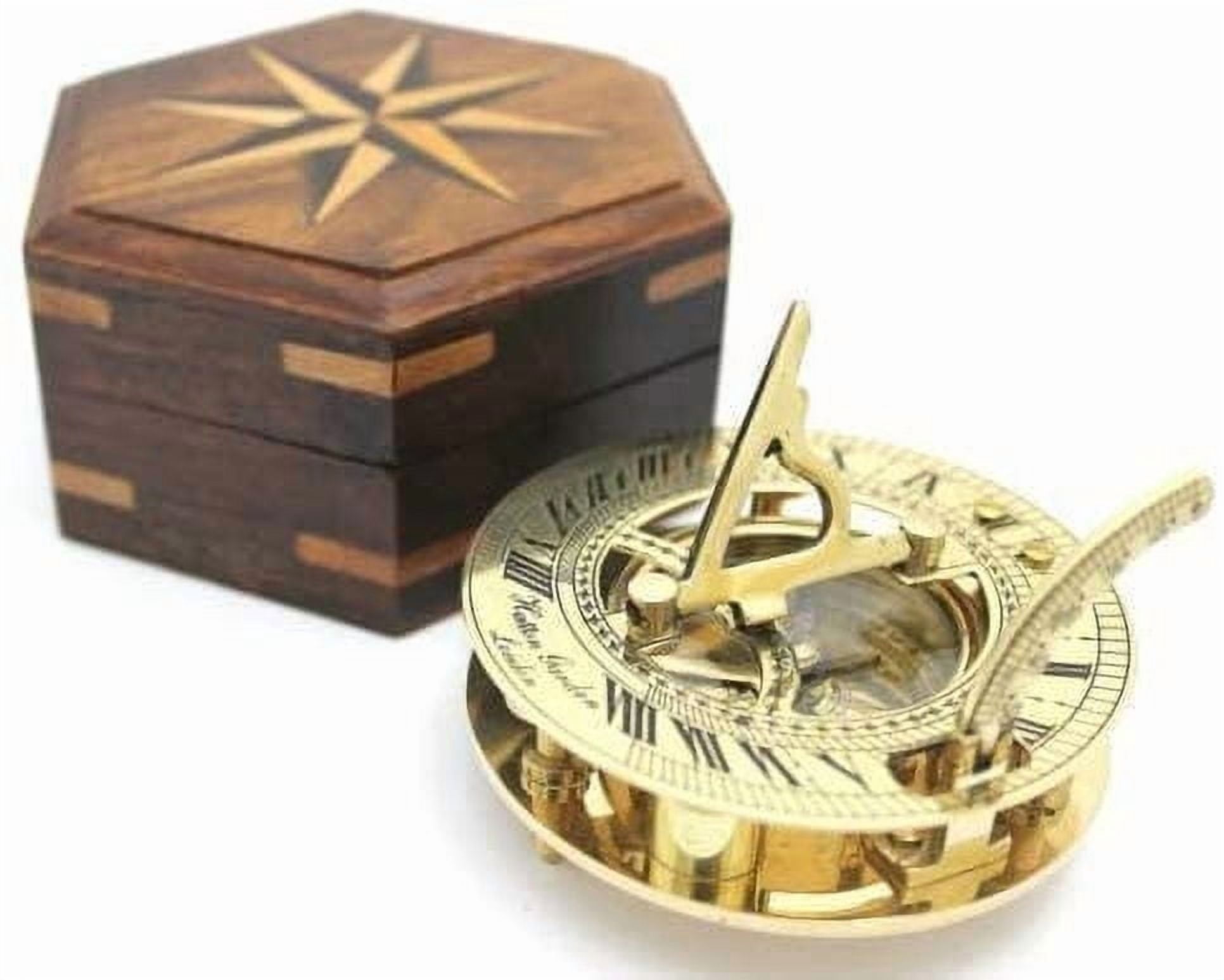 Casanova Nauticals Solid Brass Sundial and Compass in Hardwood Box - Polished Brass Sundial Compass