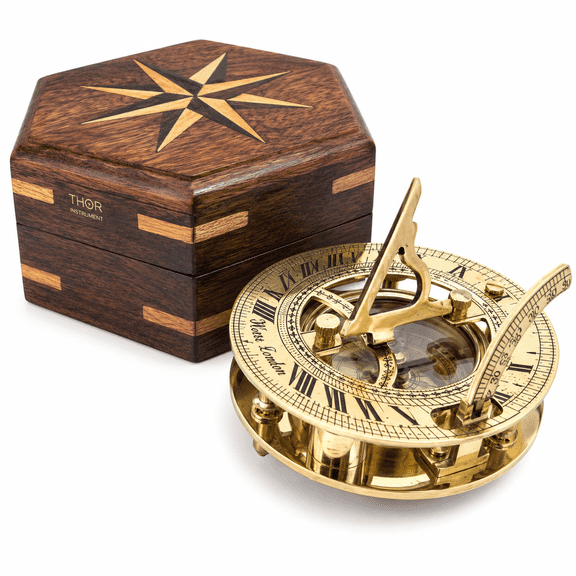 Casanova Nauticals Solid Brass Sundial and Compass in Hardwood Box - Polished Brass Sundial Compass