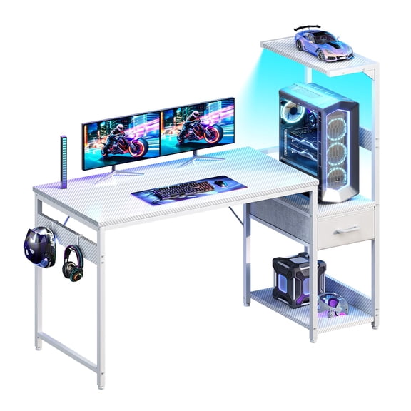 Casaottima 48 Gaming Desk with LED Lights & CPU Stand, Carbon Fiber White
