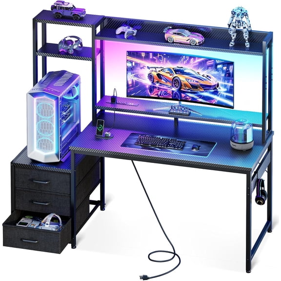 Casaottima 48 Inch Gaming Desk with Hutch & 3 Fabric Drawers, Computer Desk with USB Ports & LED Lights, Reversible Pc Gamer Table with Monitor Stand for Home Office, Carbon Fiber Black