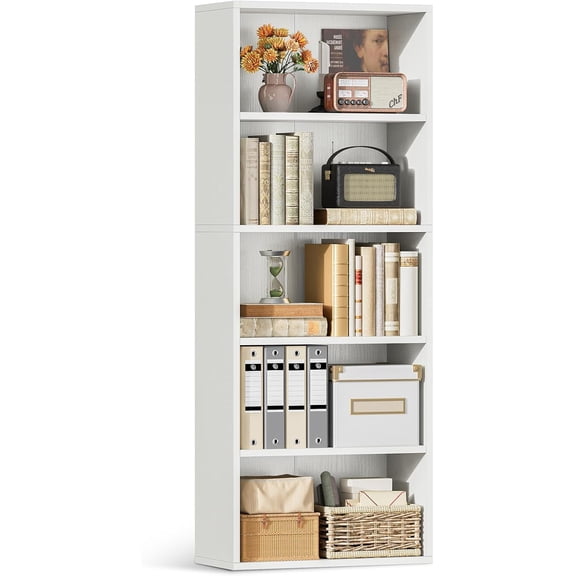 Casaottima 5-Tier Open Bookshelf and Bookcase, Floor Standing Display Storage Shelves for Living Room, Tall Book Shelf for Bedroom, Home Office, Dining Room, White