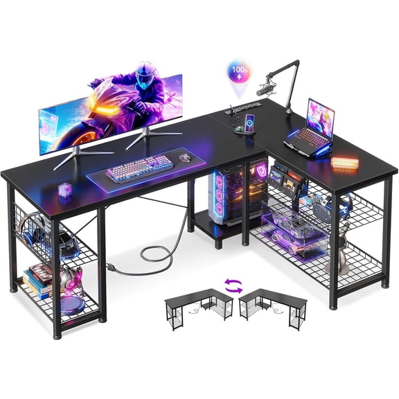 Casaottima 51 Inch L Shaped Gaming Desk with Shelves & Power Outlets, Reversible Computer Desk with Storage Shelves for Home Office, Black