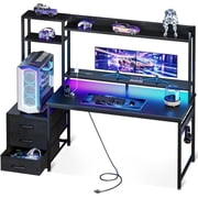 Casaottima 55 Inch Gaming Desk with Hutch & 3 Fabric Drawers, Computer Desk with USB Ports & LED Lights, Reversible Pc Gamer Table with Monitor Stand for Home Office, Carbon Fiber Black