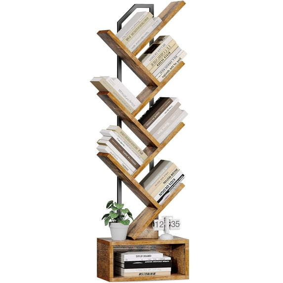 Casaottima 6-Tier Tree Bookshelf for Corner & Small Space - Steel & Wood Bookcase, Tall Floor Standing Book Organizer Shelf with Storage Cabinet, Home Decor for Living Room, Bedroom, Vintage C108