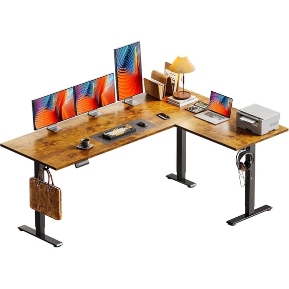 Casaottima 63 Inch Reversible L Shaped Electric Standing Desk, Ergonomic Height Adjustable Desk, Large Lift Corner Stand up Table for Workstation, Home Office, Reception Room, Rustic Brown