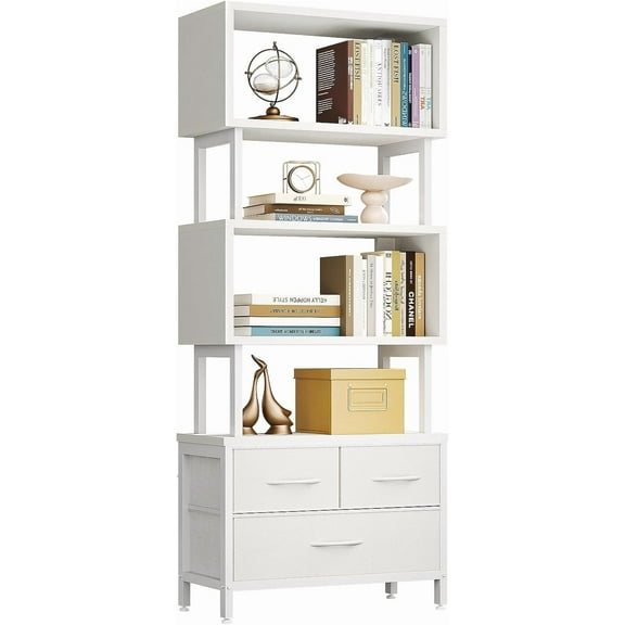 Casaottima 7 Tier Bookshelf, Tall Geometric Bookcase with Fabric Drawers, Modern Display Book Shelves Book Case for Living Room Bedroom, Wood Decorative Standing Shelving Unit for Home Office, White